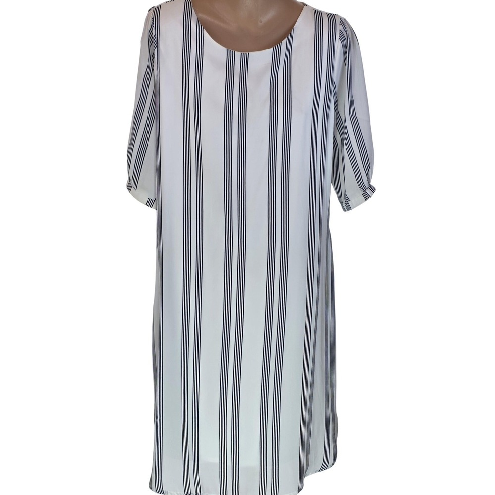 Ryan Michelle Dress Womens L‎ White Stripe Short Sleeve Shift Lined Knee Length